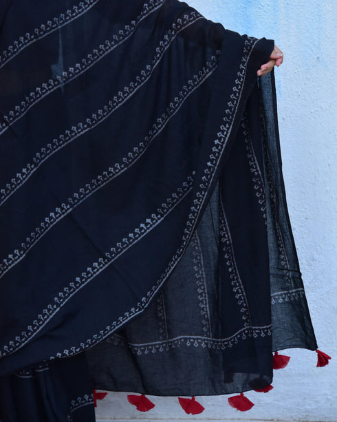 Black Hand Block Printed Cotton Mul Saree